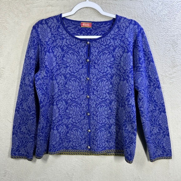 Oleana Sweaters - Oleana Espeland Blue Purple Floral Wool Silk Cardigan Sweater Norway Sz S 5267